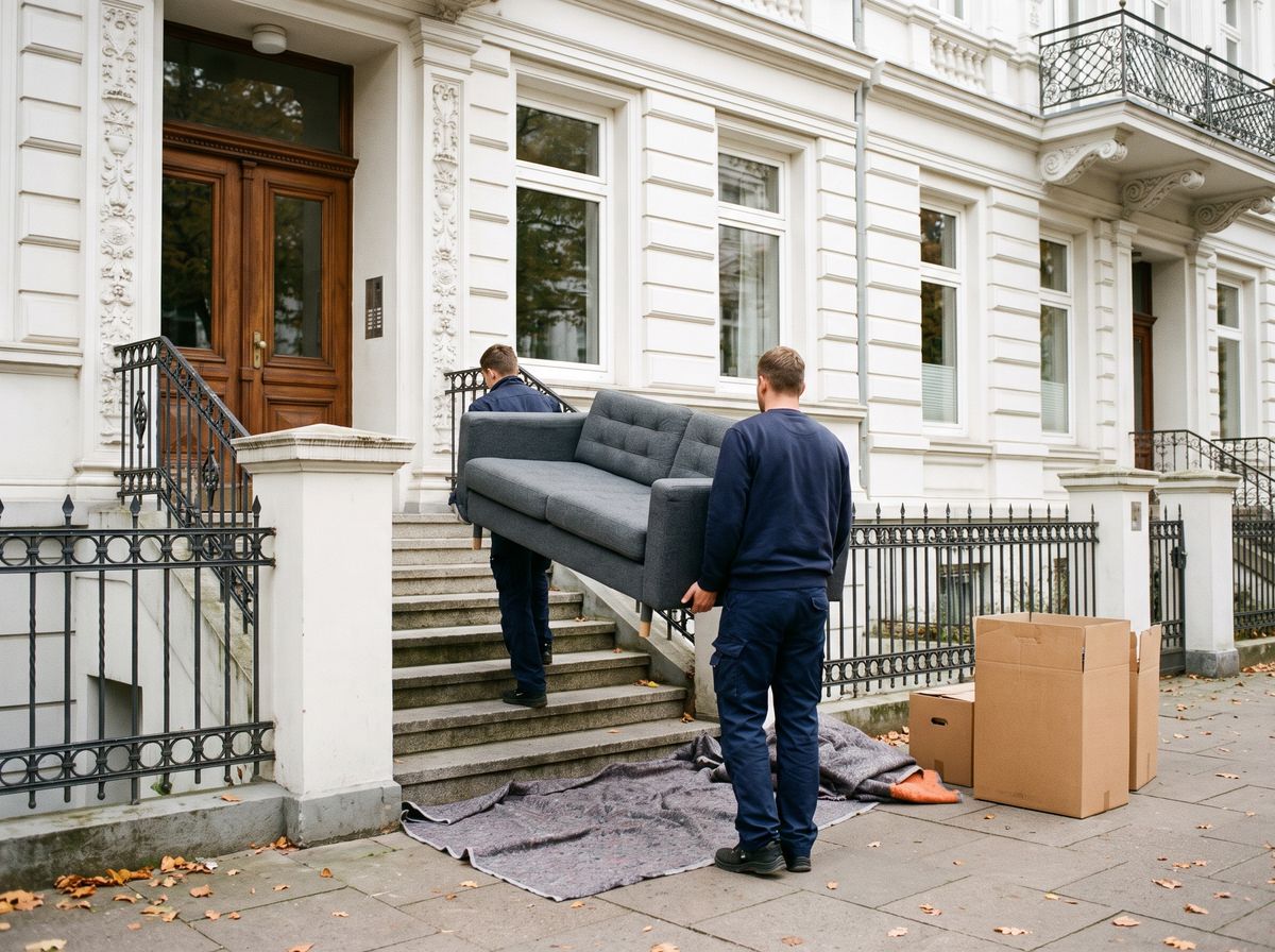 Zwei Helfer tragen ein Sofa aus einem Hamburger Altbau